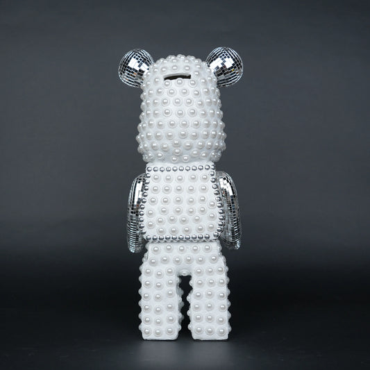 White pearl-studded bear sculpture with silver mirrored accents — Silver Luxe Bear Sculpture by Ghar Art, handcrafted modern luxury home decor collectible.