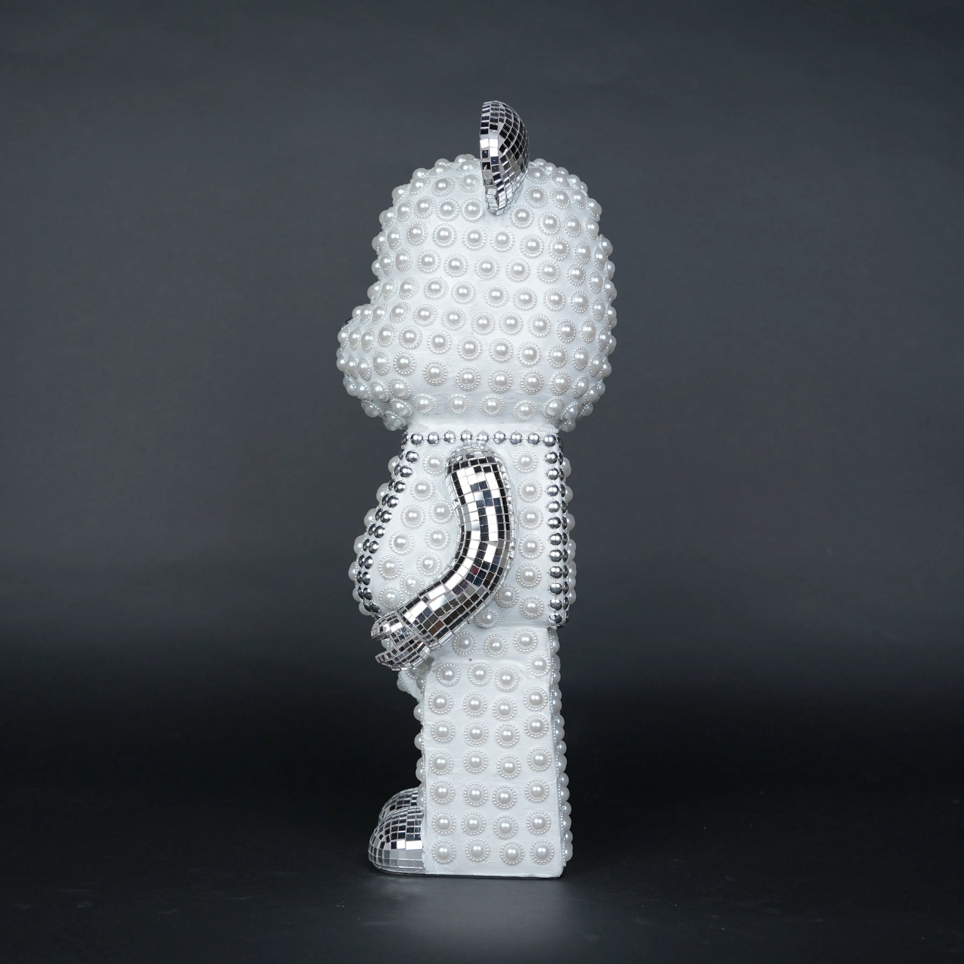 White pearl-studded bear sculpture with silver mirrored accents — Silver Luxe Bear Sculpture by Ghar Art, handcrafted modern luxury home decor collectible.