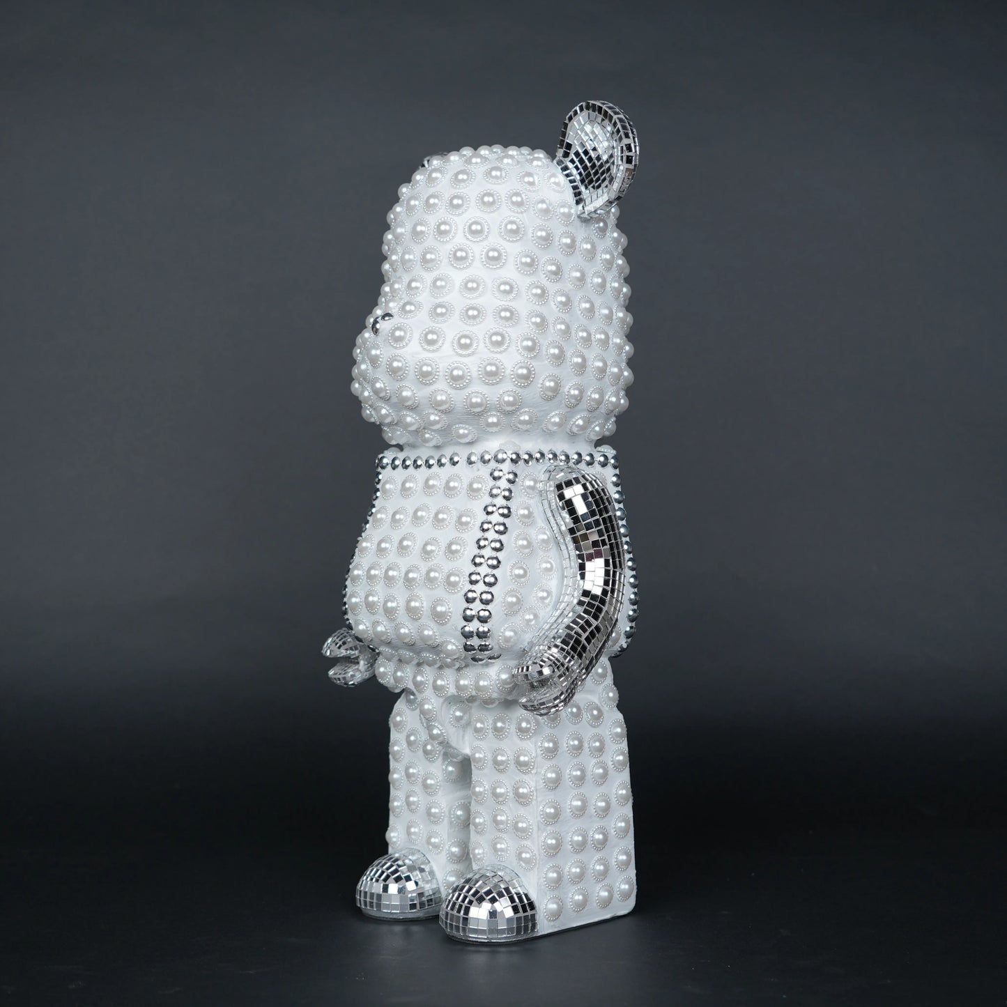 White pearl-studded bear sculpture with silver mirrored accents — Silver Luxe Bear Sculpture by Ghar Art, handcrafted modern luxury home decor collectible.