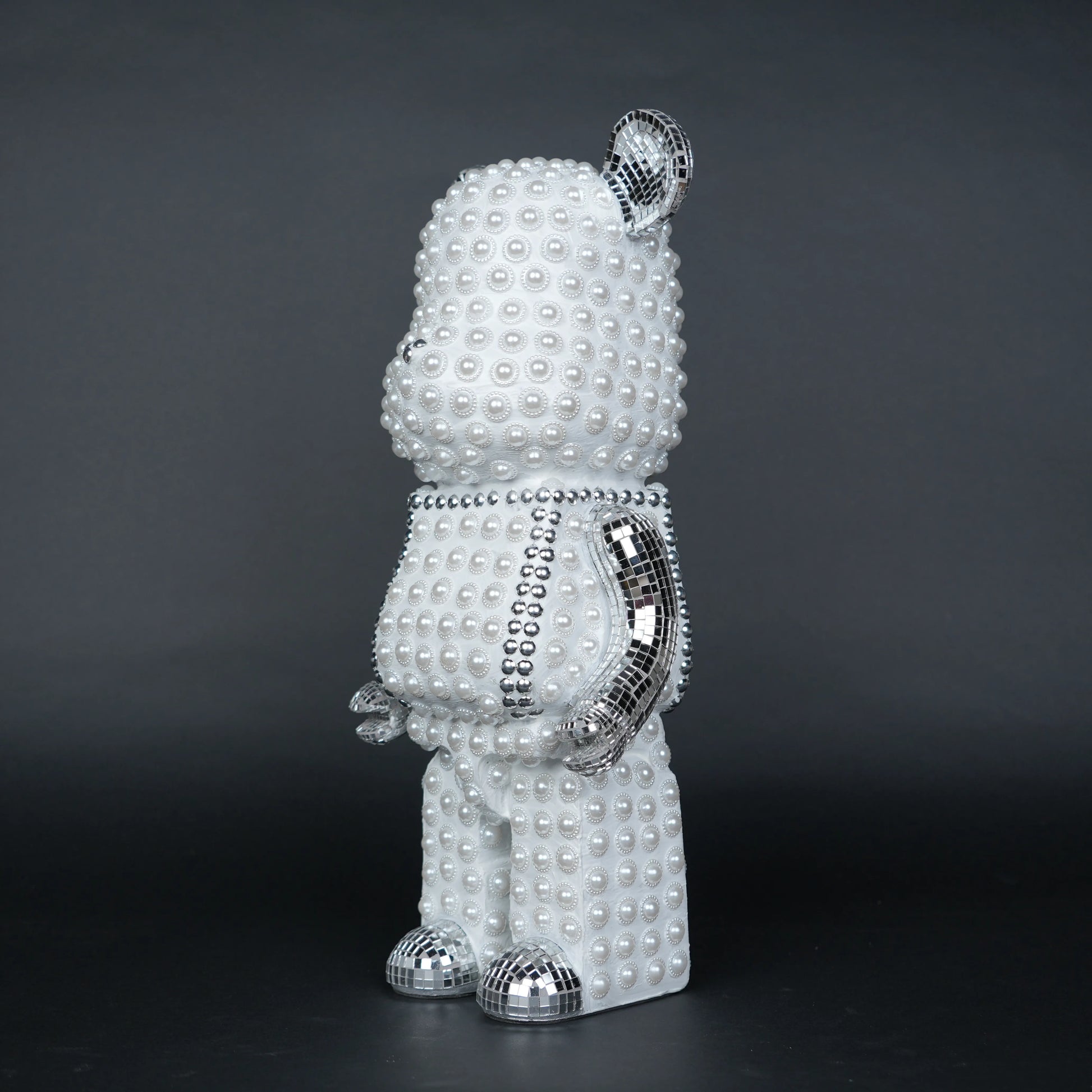White pearl-studded bear sculpture with silver mirrored accents — Silver Luxe Bear Sculpture by Ghar Art, handcrafted modern luxury home decor collectible.