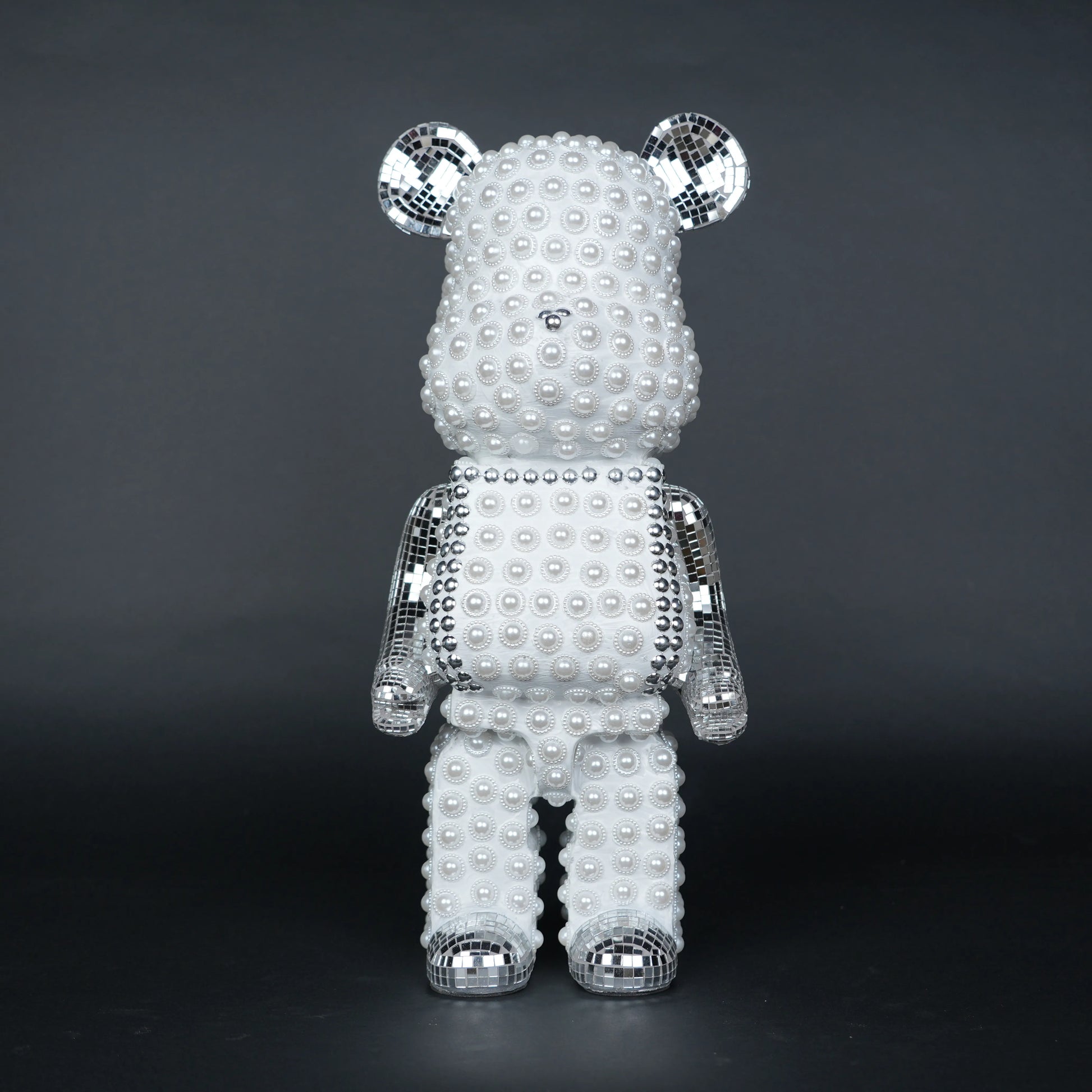 White pearl-studded bear sculpture with silver mirrored accents — Silver Luxe Bear Sculpture by Ghar Art, handcrafted modern luxury home decor collectible.