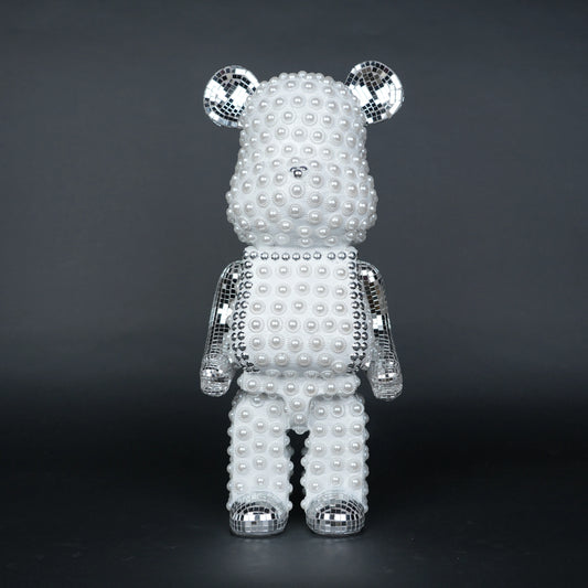 White pearl-studded bear sculpture with silver mirrored accents — Silver Luxe Bear Sculpture by Ghar Art, handcrafted modern luxury home decor collectible.