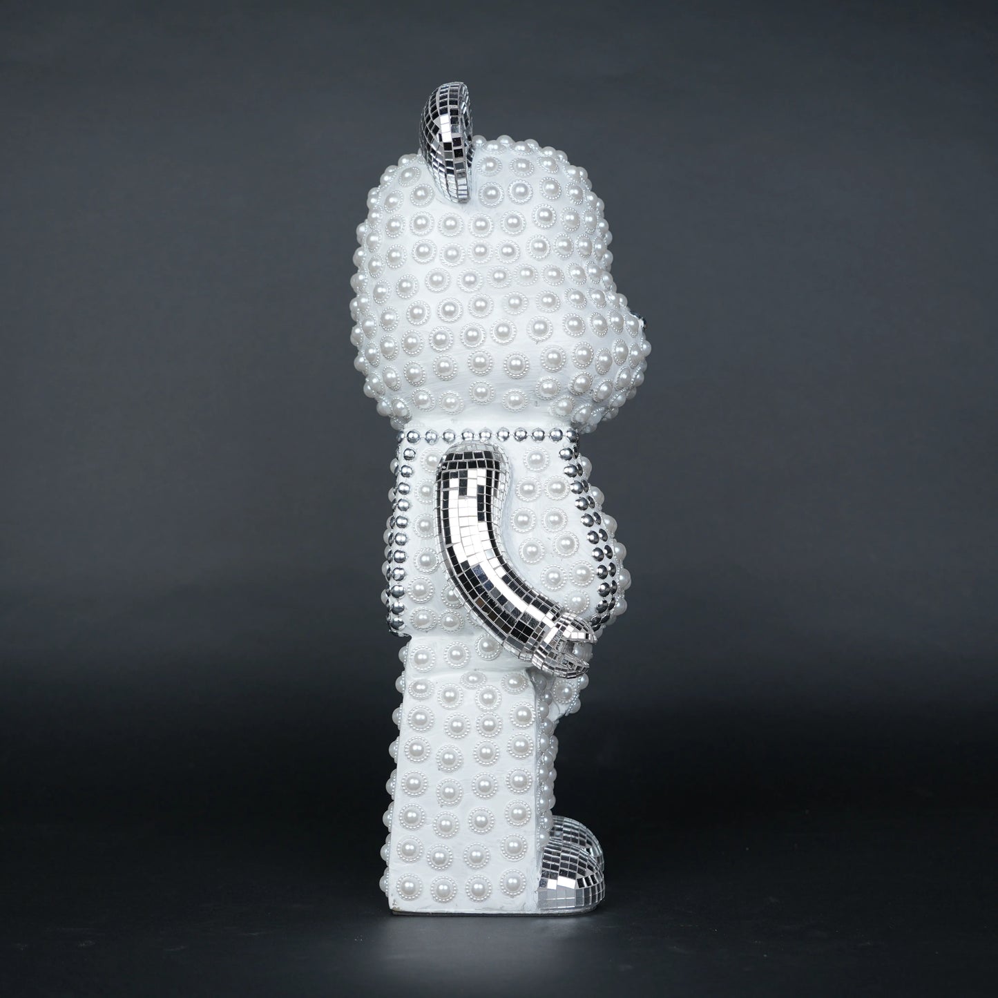 White pearl-studded bear sculpture with silver mirrored accents — Silver Luxe Bear Sculpture by Ghar Art, handcrafted modern luxury home decor collectible.