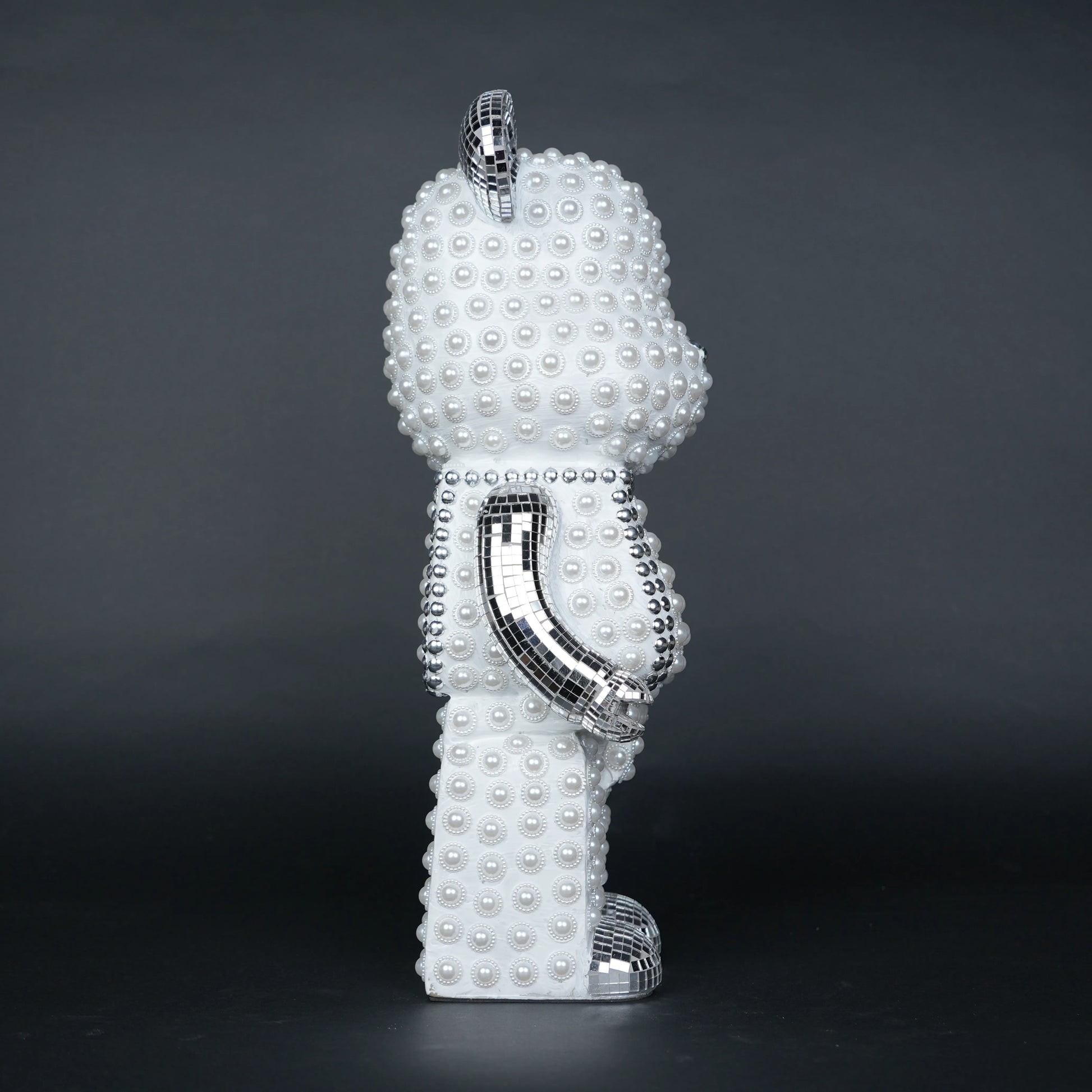 White pearl-studded bear sculpture with silver mirrored accents — Silver Luxe Bear Sculpture by Ghar Art, handcrafted modern luxury home decor collectible.