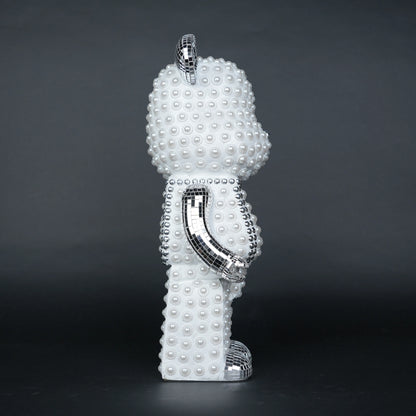 White pearl-studded bear sculpture with silver mirrored accents — Silver Luxe Bear Sculpture by Ghar Art, handcrafted modern luxury home decor collectible.