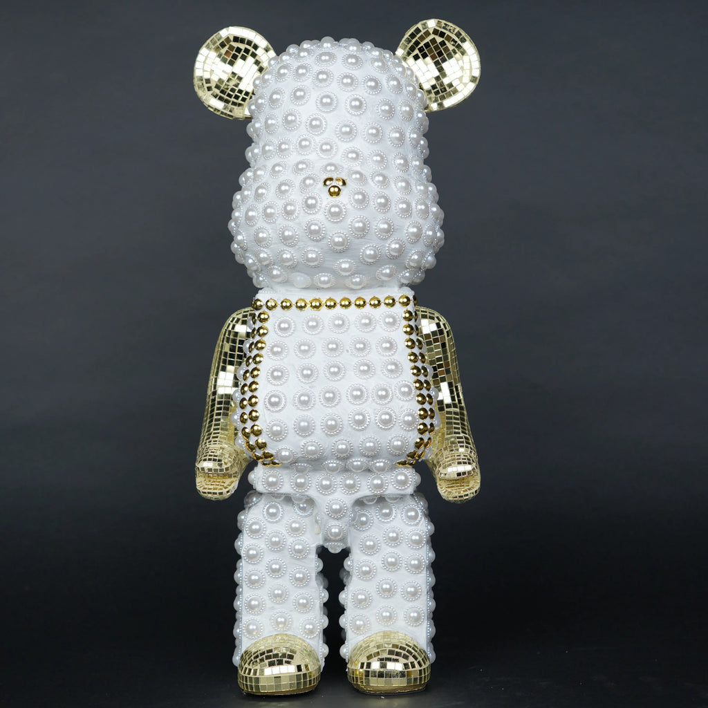 White pearl-studded bear sculpture with gold mirrored accents — Pearl Luxe Bear Sculpture by Ghar Art, handcrafted modern luxury home decor collectible.
