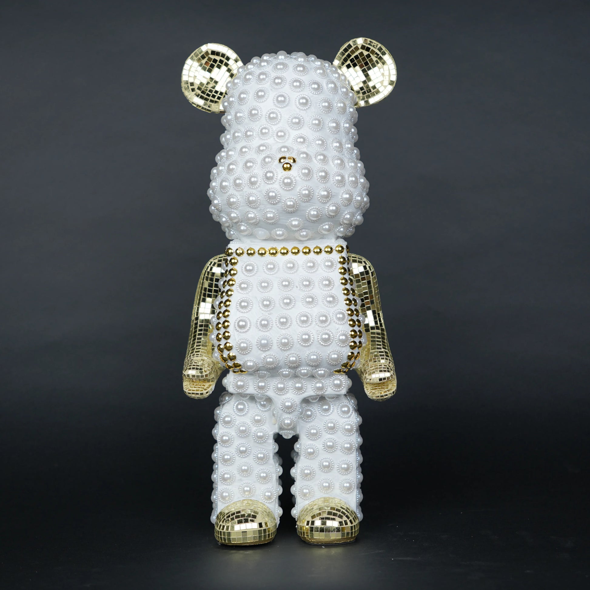 White pearl-studded bear sculpture with gold mirrored accents — Pearl Luxe Bear Sculpture by Ghar Art, handcrafted modern luxury home decor collectible.