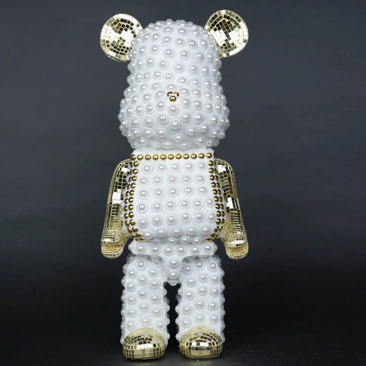 White pearl-studded bear sculpture with gold mirrored accents — Pearl Luxe Bear Sculpture by Ghar Art, handcrafted modern luxury home decor collectible.