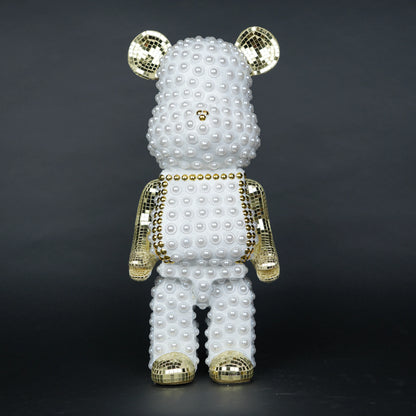 White pearl-studded bear sculpture with gold mirrored accents — Pearl Luxe Bear Sculpture by Ghar Art, handcrafted modern luxury home decor collectible.