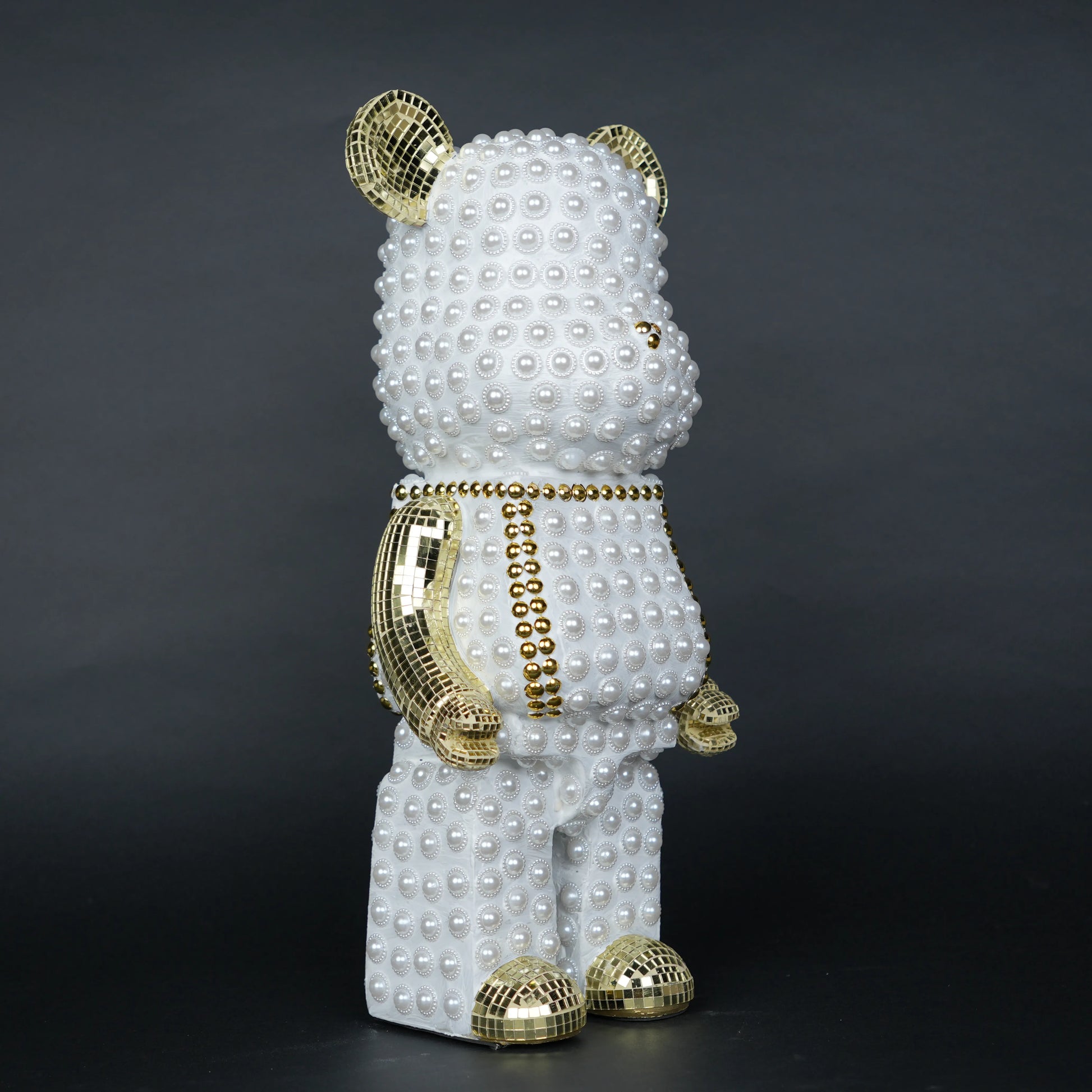 White pearl-studded bear sculpture with gold mirrored accents — Pearl Luxe Bear Sculpture by Ghar Art, handcrafted modern luxury home decor collectible.