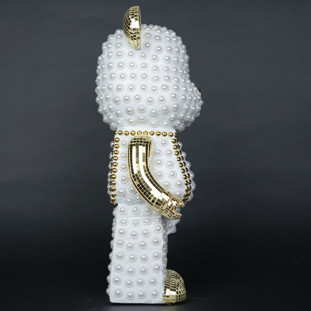 White pearl-studded bear sculpture with gold mirrored accents — Pearl Luxe Bear Sculpture by Ghar Art, handcrafted modern luxury home decor collectible.