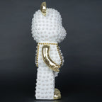 White pearl-studded bear sculpture with gold mirrored accents — Pearl Luxe Bear Sculpture by Ghar Art, handcrafted modern luxury home decor collectible.
