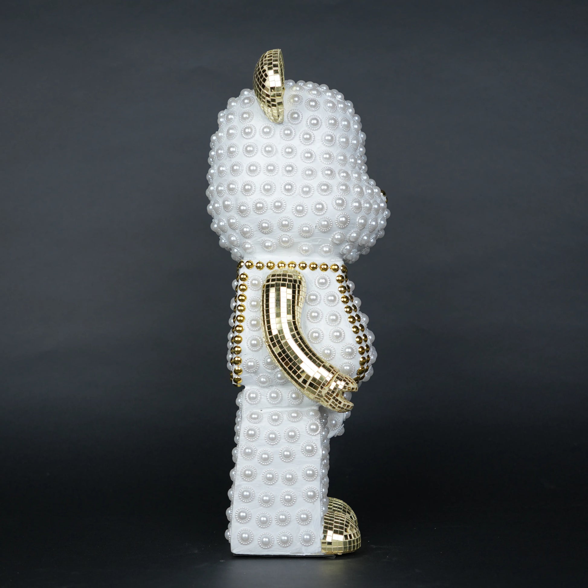 White pearl-studded bear sculpture with gold mirrored accents — Pearl Luxe Bear Sculpture by Ghar Art, handcrafted modern luxury home decor collectible.