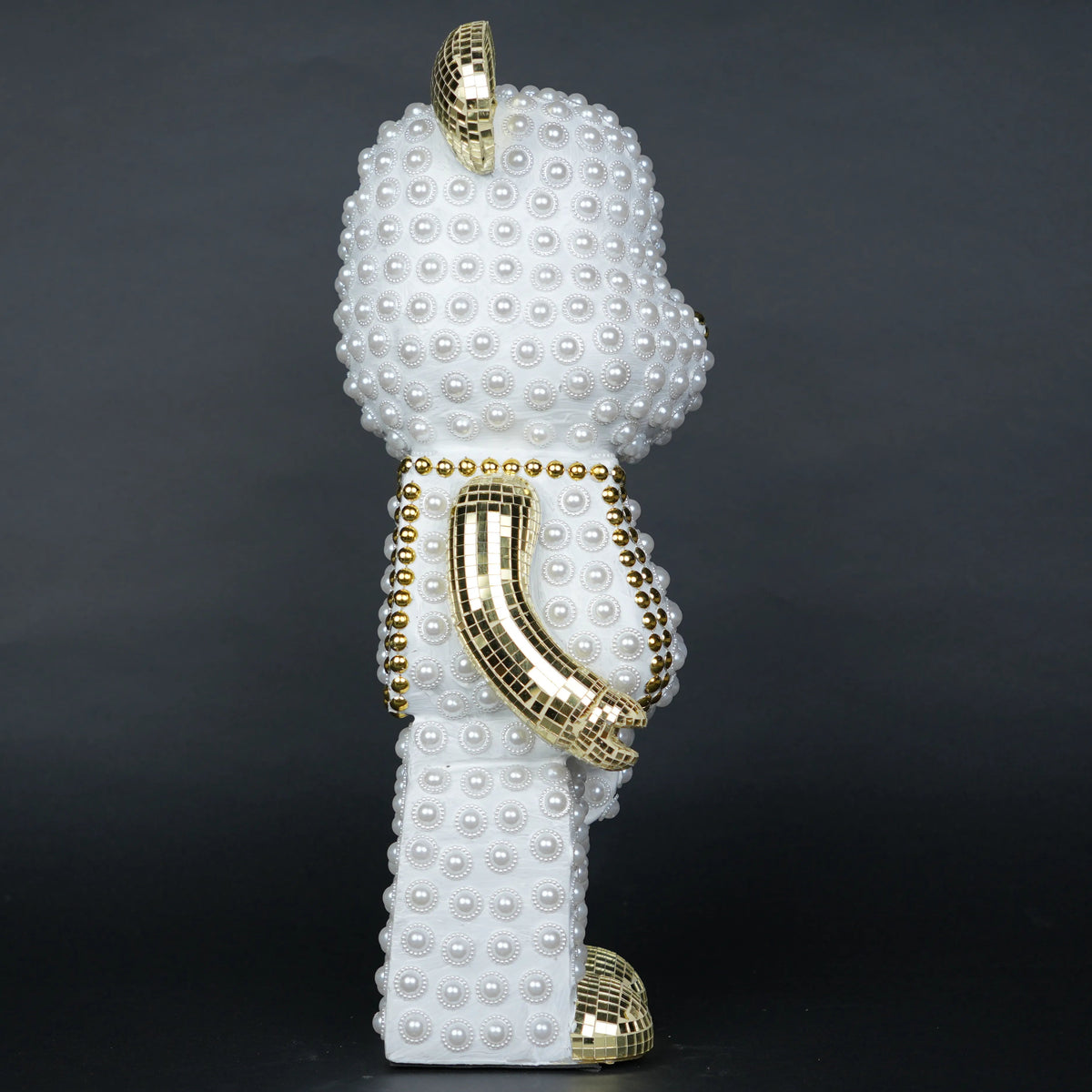 White pearl-studded bear sculpture with gold mirrored accents — Pearl Luxe Bear Sculpture by Ghar Art, handcrafted modern luxury home decor collectible.