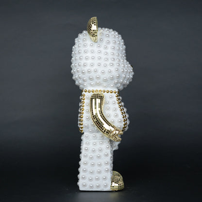 White pearl-studded bear sculpture with gold mirrored accents — Pearl Luxe Bear Sculpture by Ghar Art, handcrafted modern luxury home decor collectible.