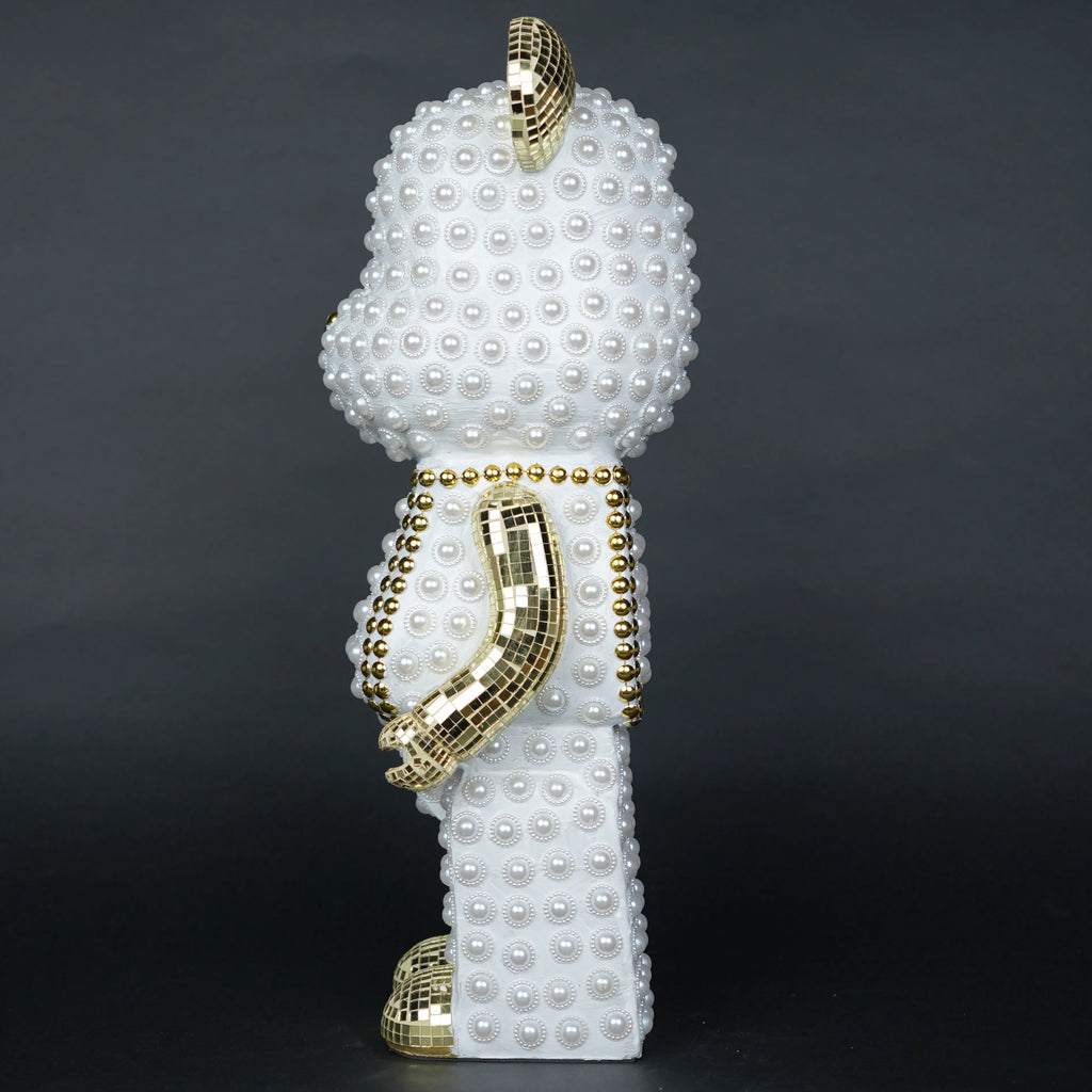 White pearl-studded bear sculpture with gold mirrored accents — Pearl Luxe Bear Sculpture by Ghar Art, handcrafted modern luxury home decor collectible.
