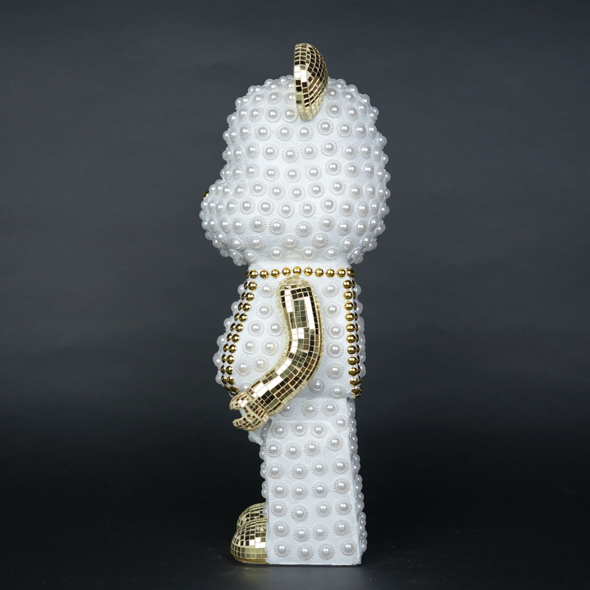 White pearl-studded bear sculpture with gold mirrored accents — Pearl Luxe Bear Sculpture by Ghar Art, handcrafted modern luxury home decor collectible.