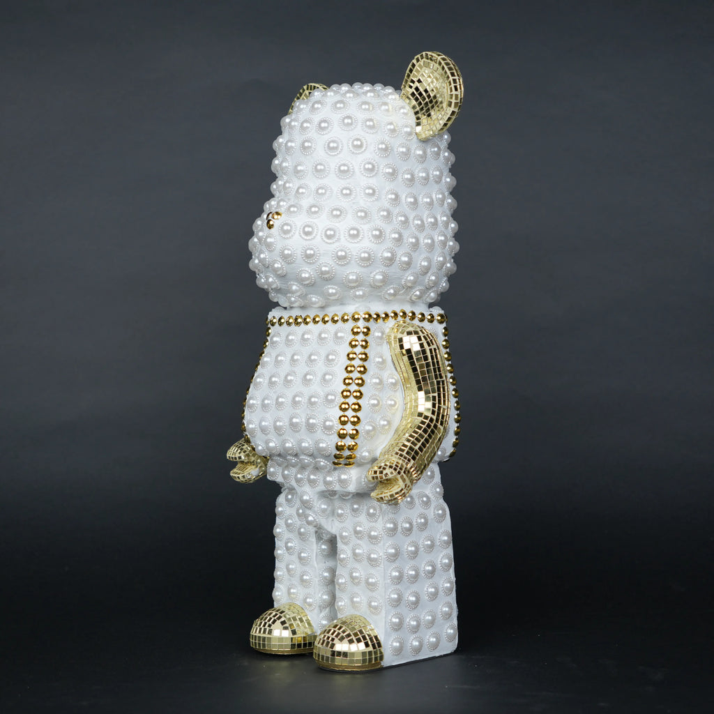 White pearl-studded bear sculpture with gold mirrored accents — Pearl Luxe Bear Sculpture by Ghar Art, handcrafted modern luxury home decor collectible.