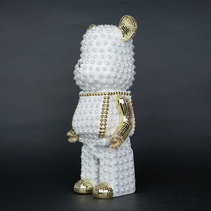 White pearl-studded bear sculpture with gold mirrored accents — Pearl Luxe Bear Sculpture by Ghar Art, handcrafted modern luxury home decor collectible.