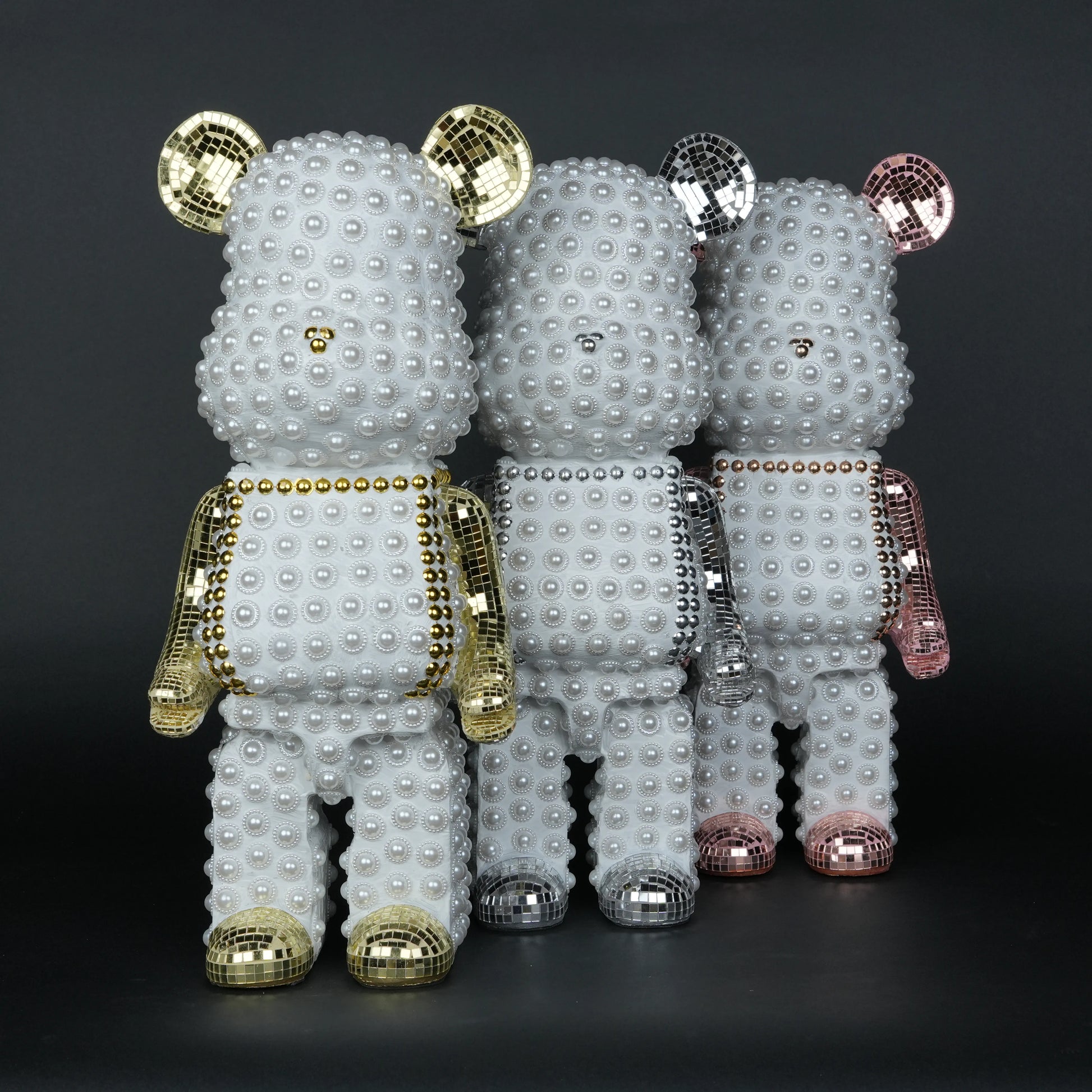 White pearl-studded bear sculpture with rose-gold mirrored accents — Rose Luxe Bear Sculpture by Ghar Art, handcrafted luxury home decor collectible.