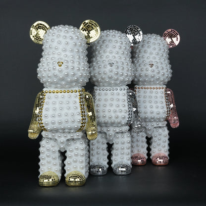 White pearl-studded bear sculpture with rose-gold mirrored accents — Rose Luxe Bear Sculpture by Ghar Art, handcrafted luxury home decor collectible.