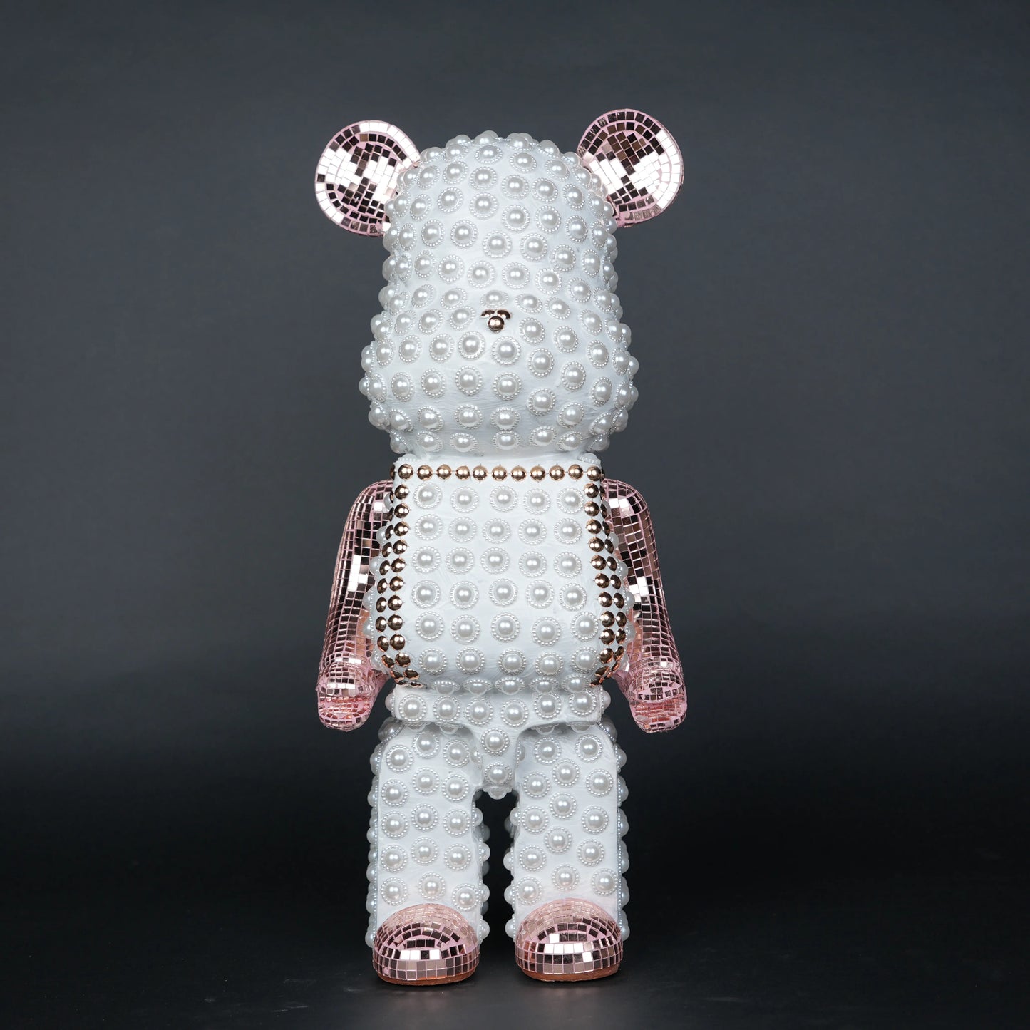 White pearl-studded bear sculpture with rose-gold mirrored accents — Rose Luxe Bear Sculpture by Ghar Art, handcrafted luxury home decor collectible.