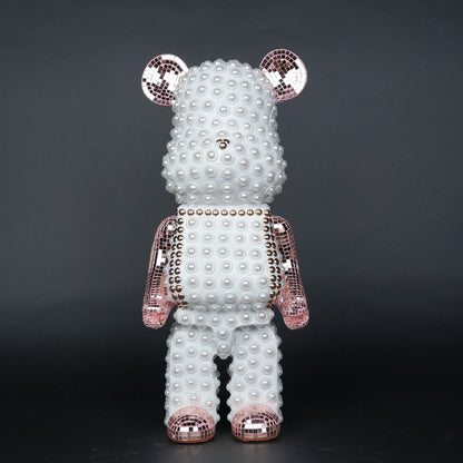 White pearl-studded bear sculpture with rose-gold mirrored accents — Rose Luxe Bear Sculpture by Ghar Art, handcrafted luxury home decor collectible.