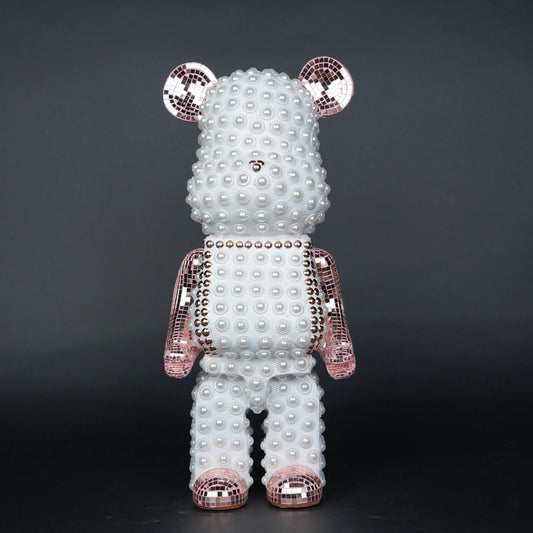 White pearl-studded bear sculpture with rose-gold mirrored accents — Rose Luxe Bear Sculpture by Ghar Art, handcrafted luxury home decor collectible.