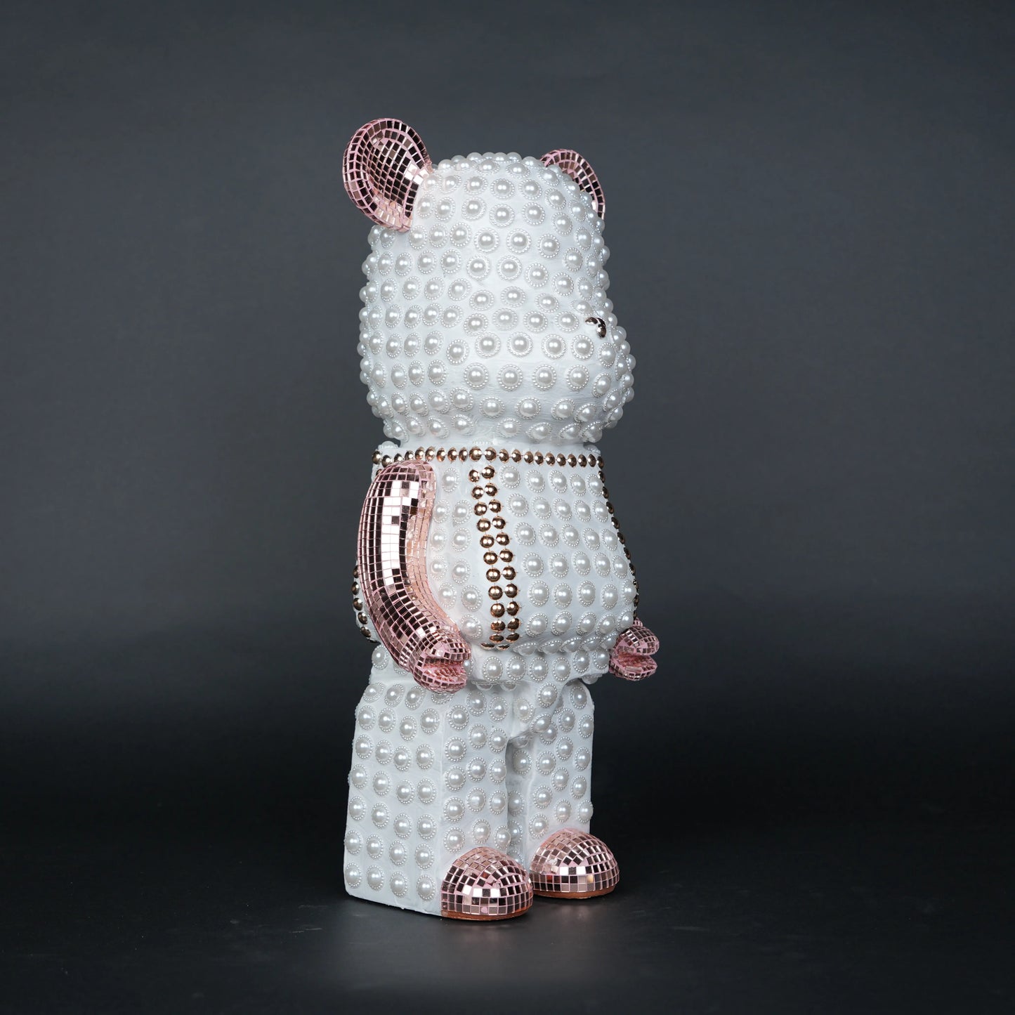 White pearl-studded bear sculpture with rose-gold mirrored accents — Rose Luxe Bear Sculpture by Ghar Art, handcrafted luxury home decor collectible.