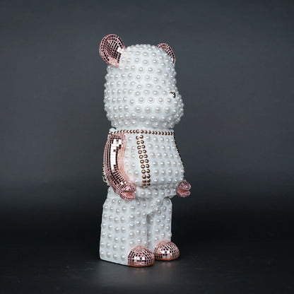 White pearl-studded bear sculpture with rose-gold mirrored accents — Rose Luxe Bear Sculpture by Ghar Art, handcrafted luxury home decor collectible.