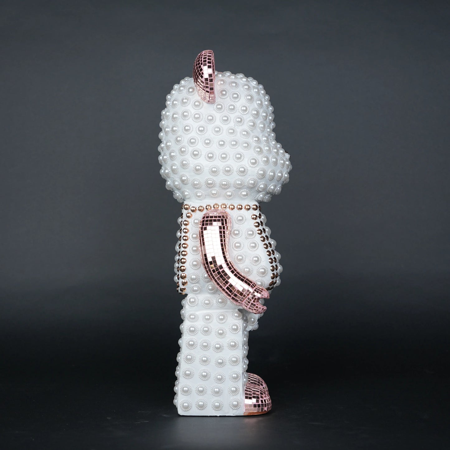 White pearl-studded bear sculpture with rose-gold mirrored accents — Rose Luxe Bear Sculpture by Ghar Art, handcrafted luxury home decor collectible.