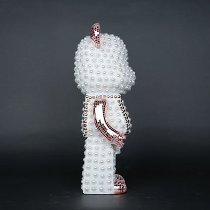 White pearl-studded bear sculpture with rose-gold mirrored accents — Rose Luxe Bear Sculpture by Ghar Art, handcrafted luxury home decor collectible.
