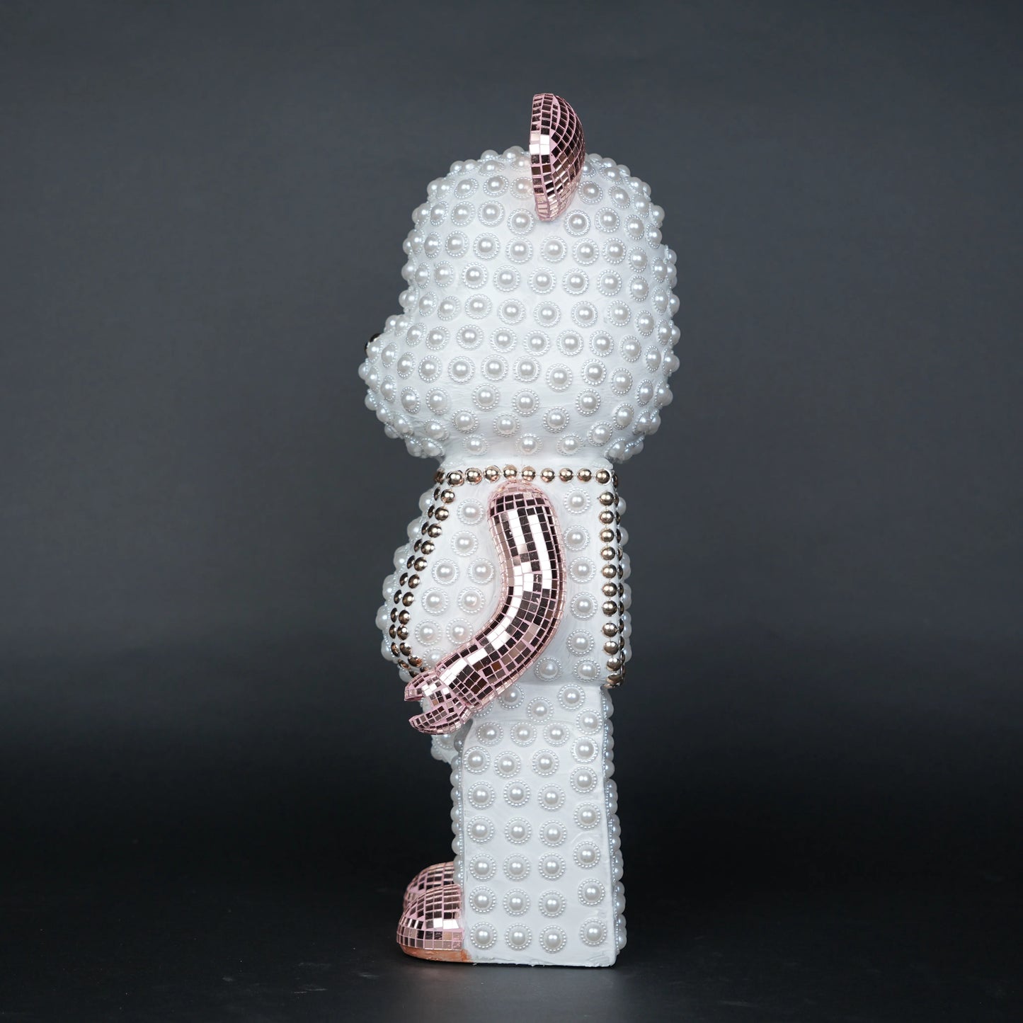 White pearl-studded bear sculpture with rose-gold mirrored accents — Rose Luxe Bear Sculpture by Ghar Art, handcrafted luxury home decor collectible.