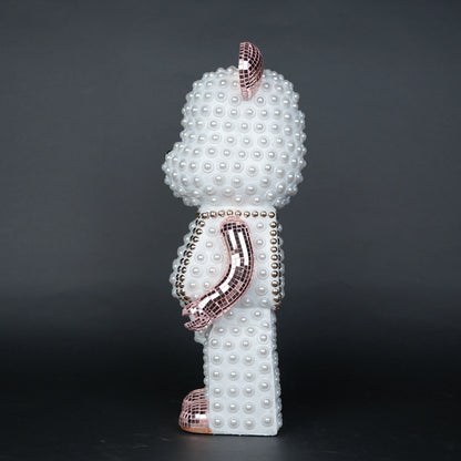White pearl-studded bear sculpture with rose-gold mirrored accents — Rose Luxe Bear Sculpture by Ghar Art, handcrafted luxury home decor collectible.