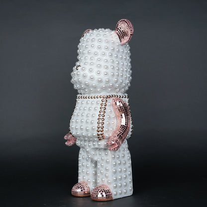 White pearl-studded bear sculpture with rose-gold mirrored accents — Rose Luxe Bear Sculpture by Ghar Art, handcrafted luxury home decor collectible.