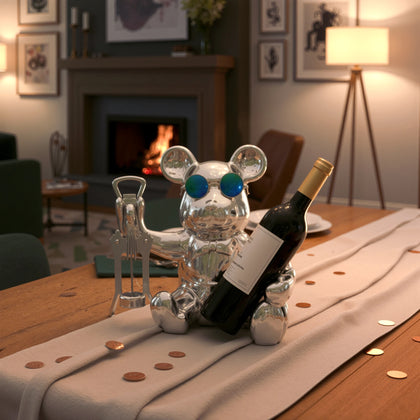 pop art bear decor object with chrome finish for modern interiors and bar setup
