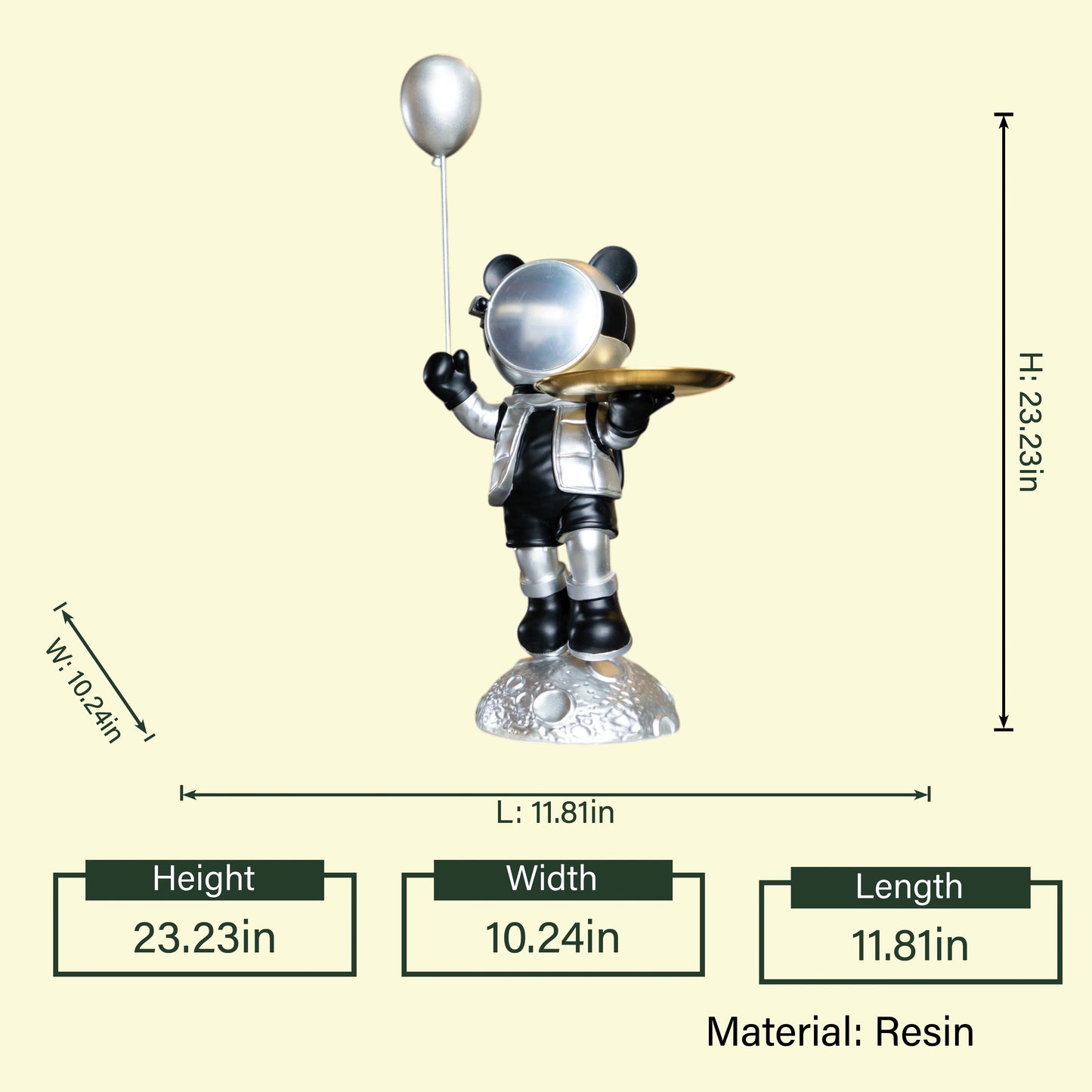 Modern decorative astronaut bear figurine with metallic silver outfit and moon-textured base for luxury interior styling