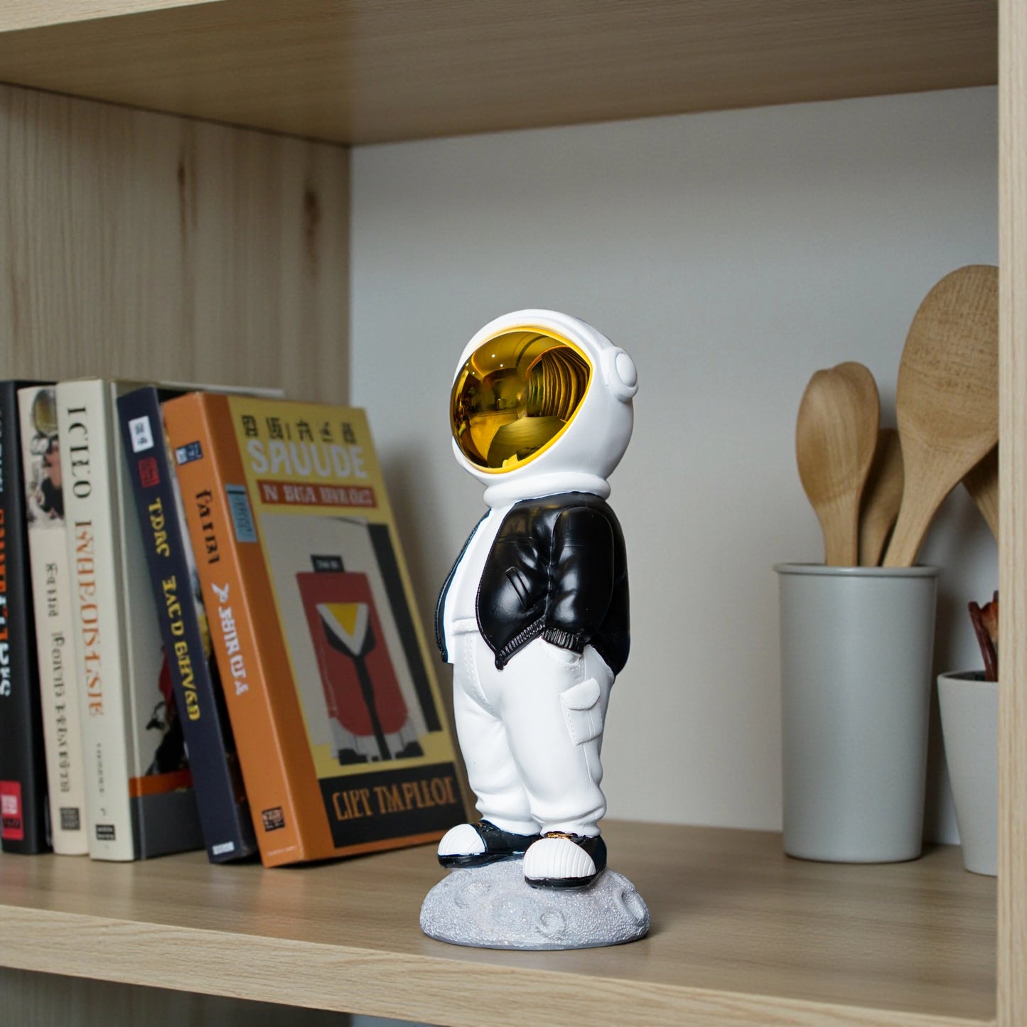 Astronaut figurine with gold visor, black jacket, white pants, and hands-in-pockets pose standing on a moon-textured base; modern resin décor showpiece