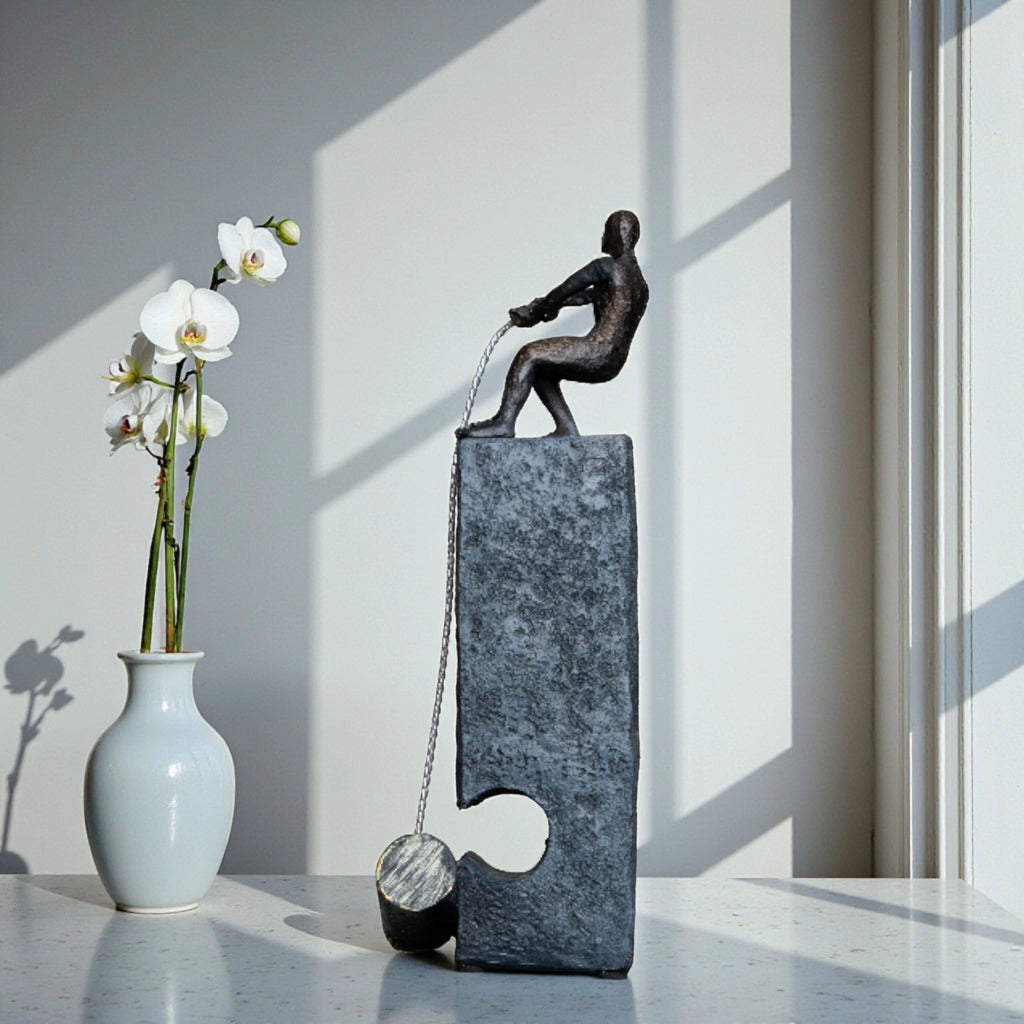 Bronze pulling figure sculpture on textured charcoal stone base with hanging weight.