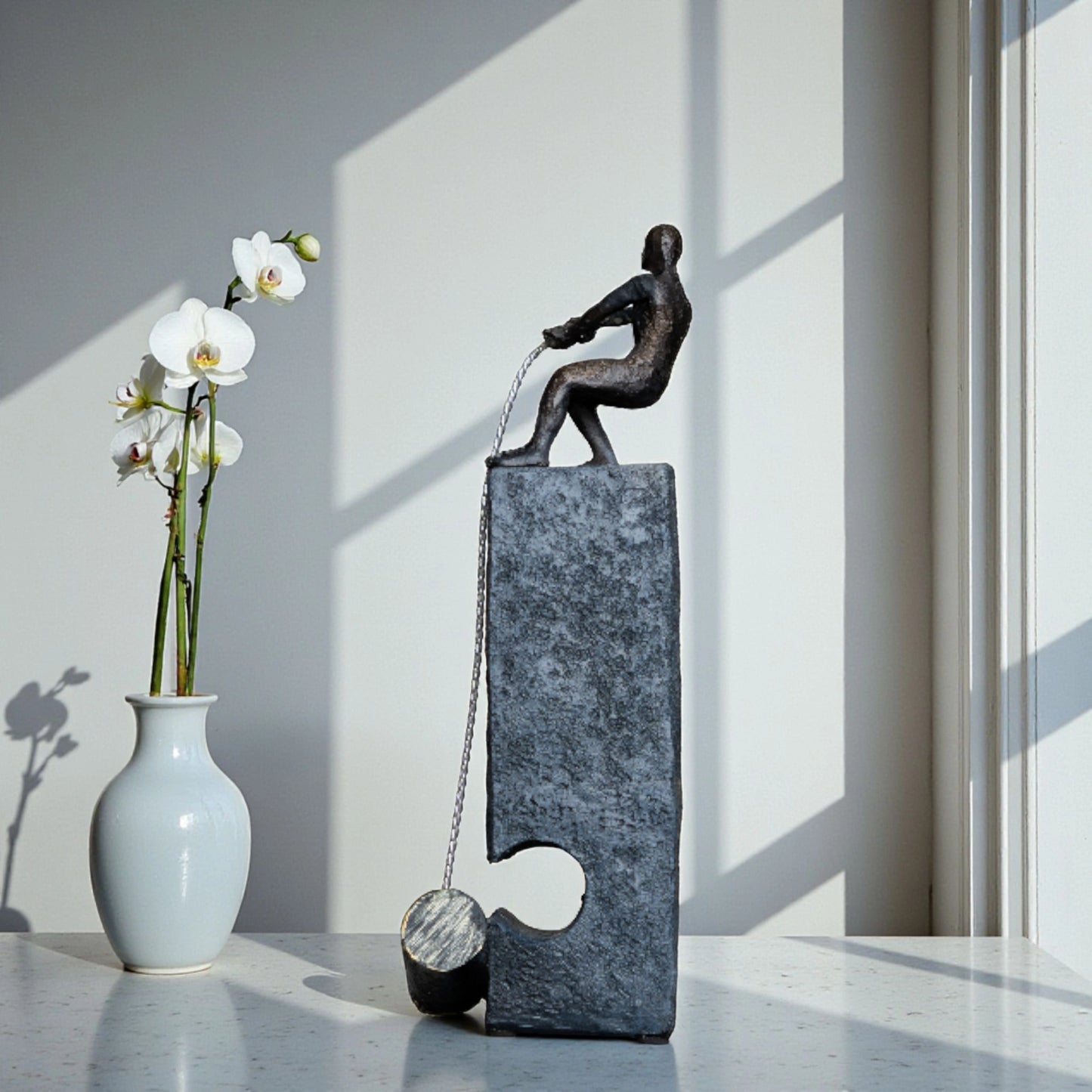 Bronze pulling figure sculpture on textured charcoal stone base with hanging weight.