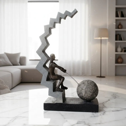 Abstract human figure decor seated on geometric staircase holding chain with sphere, modern tabletop accent for living room, office desk or console styling