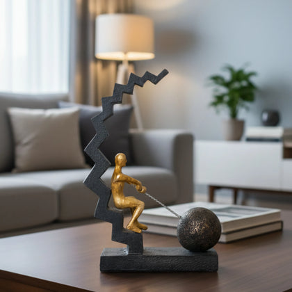 Modern abstract human figure decor seated on geometric staircase pulling a sphere, black and gold tabletop accent for living room, office desk or console styling