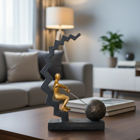 gold figure pulling sphere on textured steps sculpture