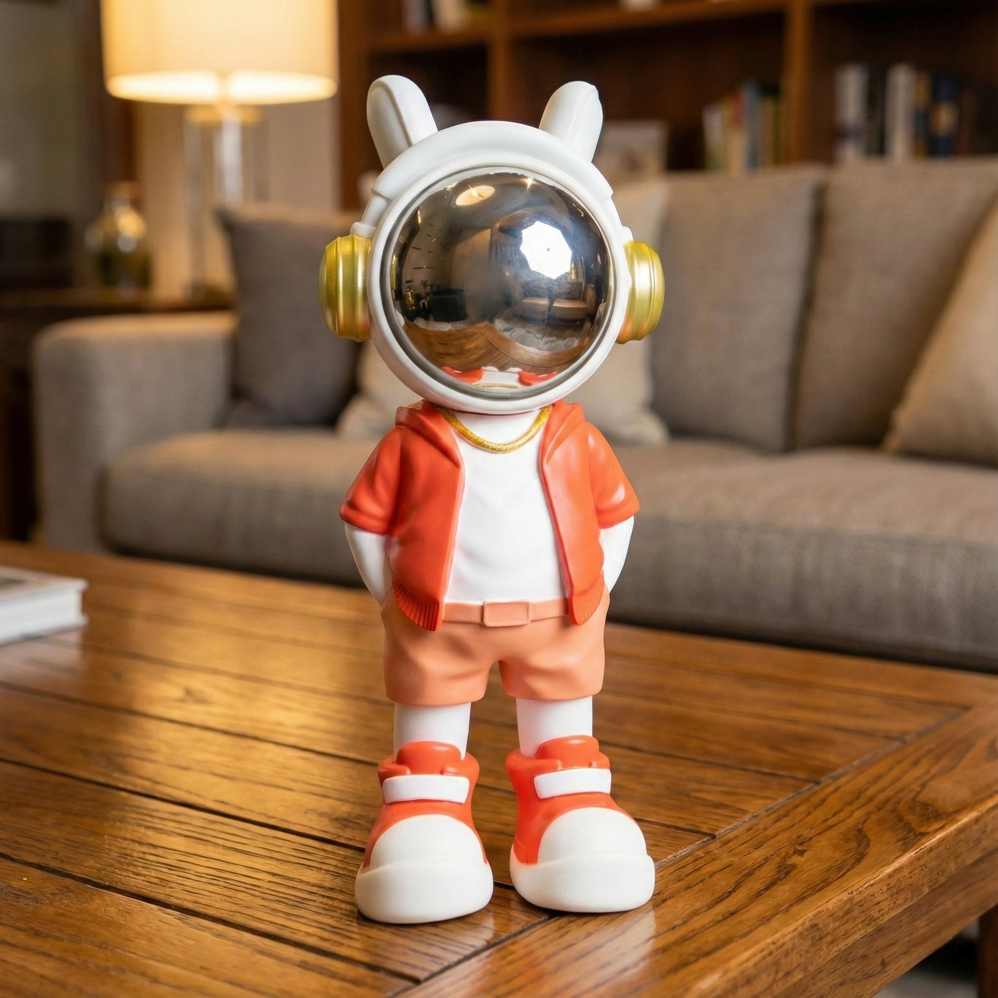 Astronaut figurine with coral jacket and chrome visor.