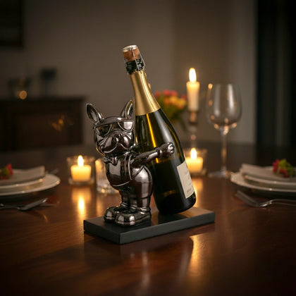 Decorative bottle holder shaped like a dog holding a bottle on a console table
