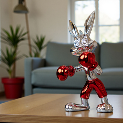 Resin bunny boxer figurine with chrome black finish and scarlet red gloves and shorts