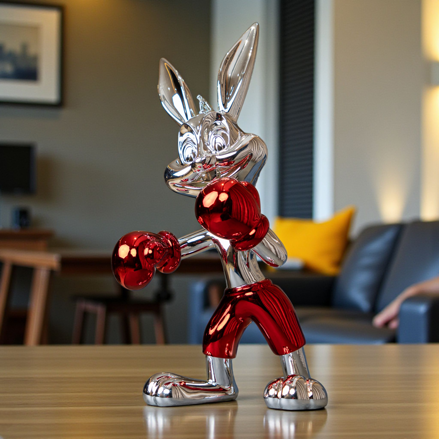 Resin bunny boxer figurine with chrome black finish and scarlet red gloves and shorts