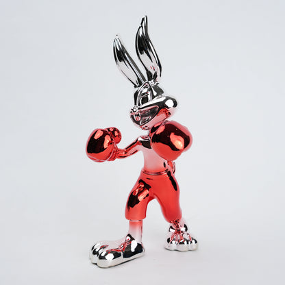 Resin bunny boxer figurine with chrome black finish and scarlet red gloves and shorts