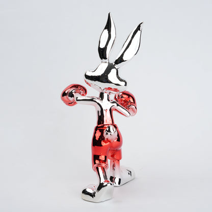 Resin bunny boxer figurine with chrome black finish and scarlet red gloves and shorts