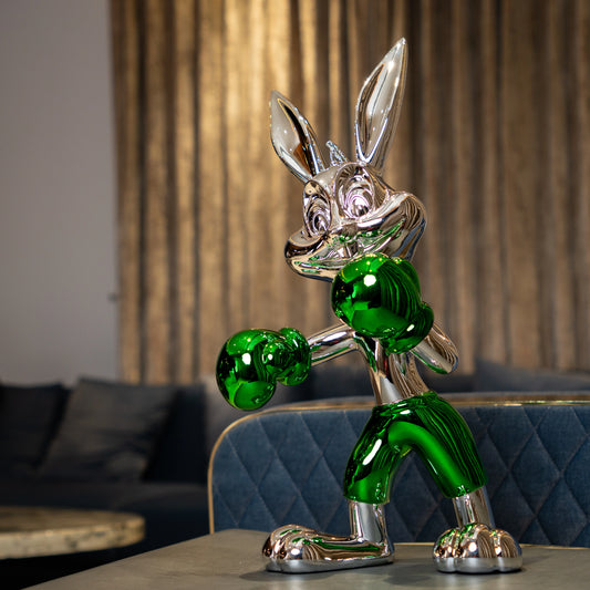 Resin bunny boxer figurine with chrome silver finish and emerald green gloves and shorts